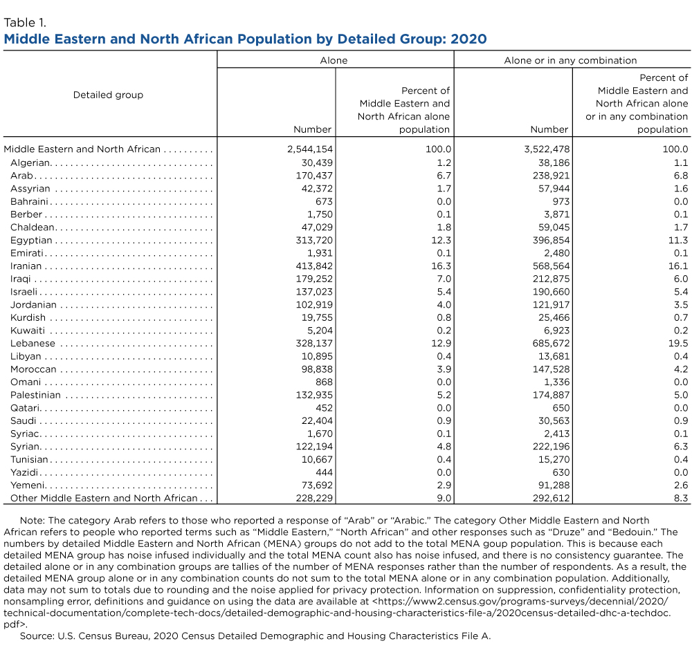 Table 1. Middle Eastern and North African Population by Detailed Group: 2020