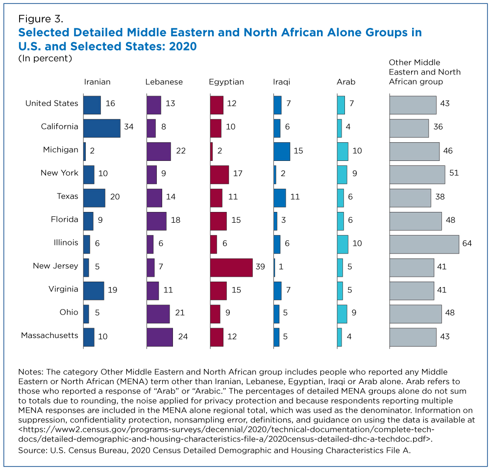 Figure 3. Selected Detailed Middle Eastern and North African Alone Groups in U.S. and Selected States: 2020
