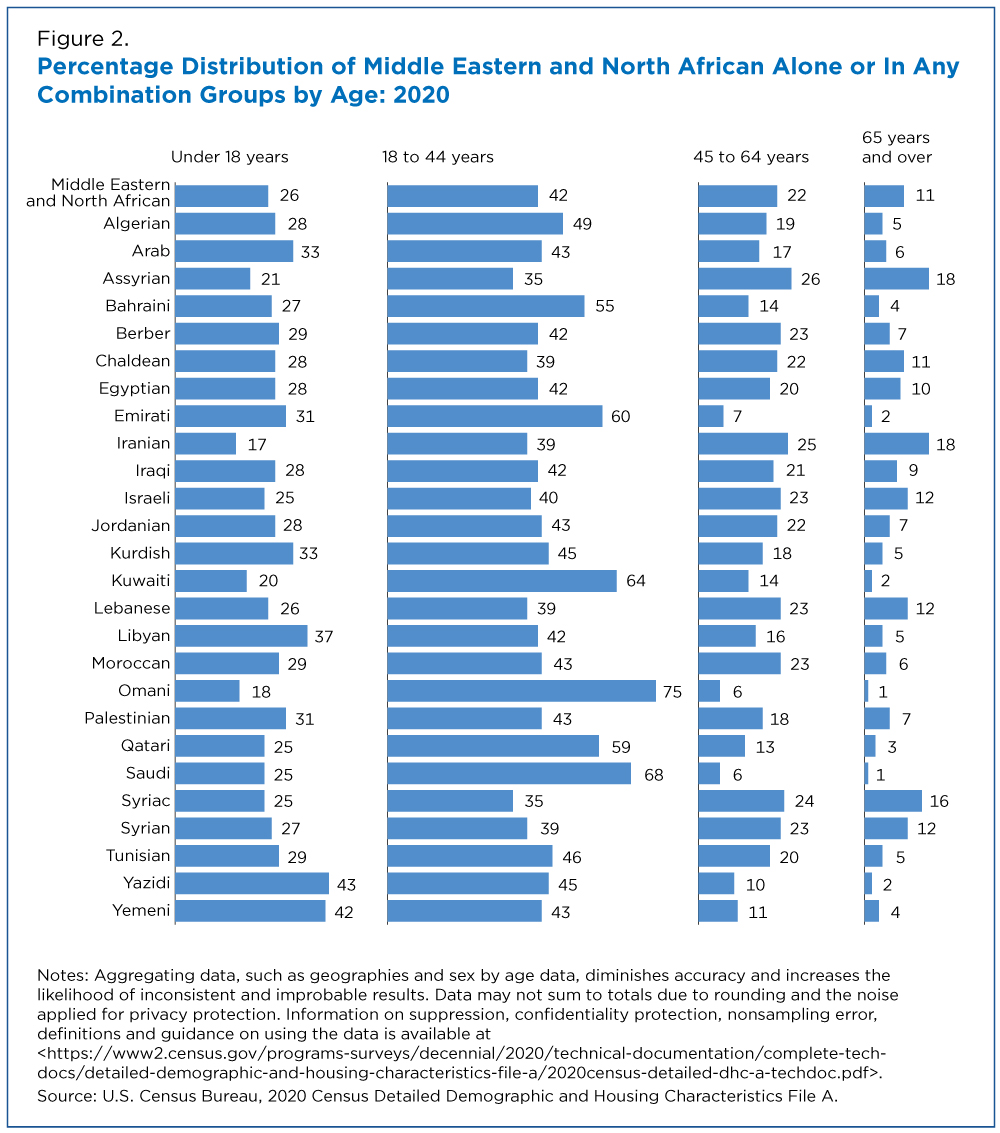 Figure 2. Percentage Distribution of Middle Eastern and North African Alone or In Any Combination Groups by Age: 2020
