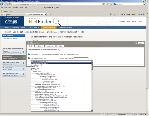 Screenshot of American FactFinder showing hierarchical relationships using indentions