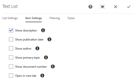 Text List Item Settings