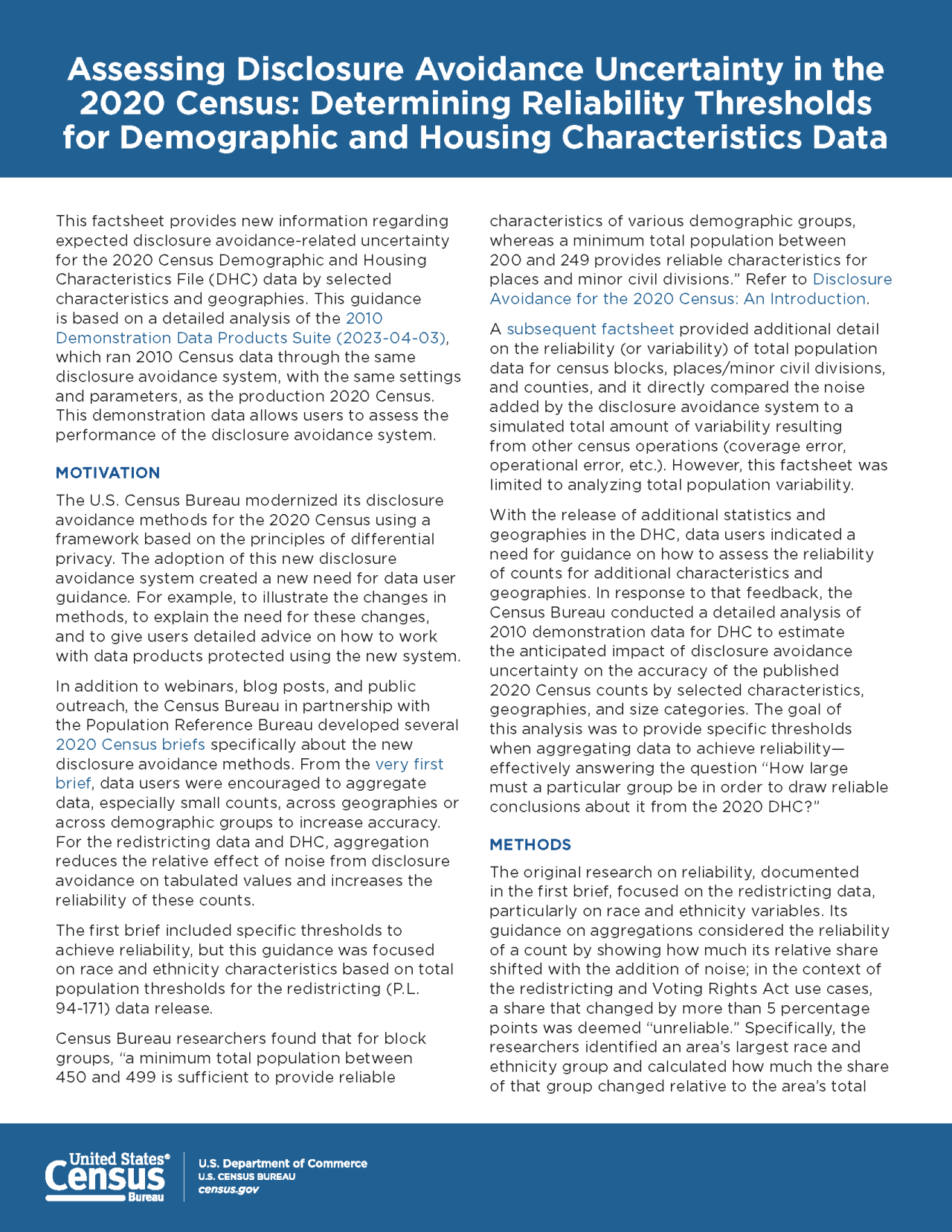 Factsheet of Assessing Disclosure Avoidance Uncertainty in the 2020 Census: Determining Reliability Thresholds for Demographic and Housing Characteristics Data