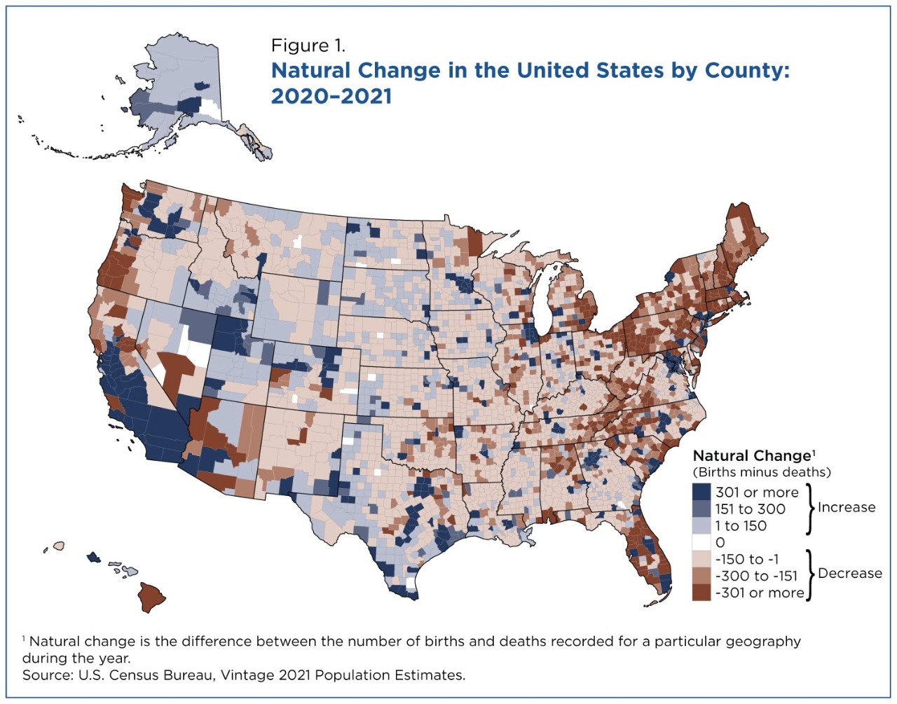 Natural change in the United States by county: 2020-2021