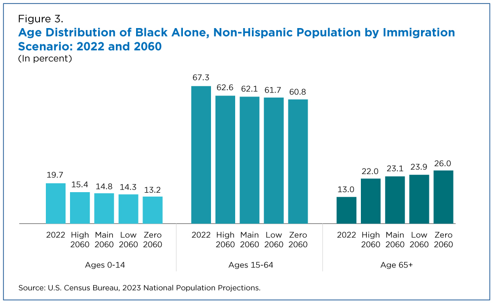 Age distribution of Black Alone, Non-Hispanic Population by Immigration Scenario: 2022 and 2060