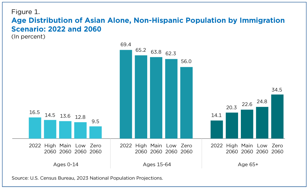 Age distribution of Asian Alone, Non-Hispanic Population by Immigration Scenario: 2022 and 2060