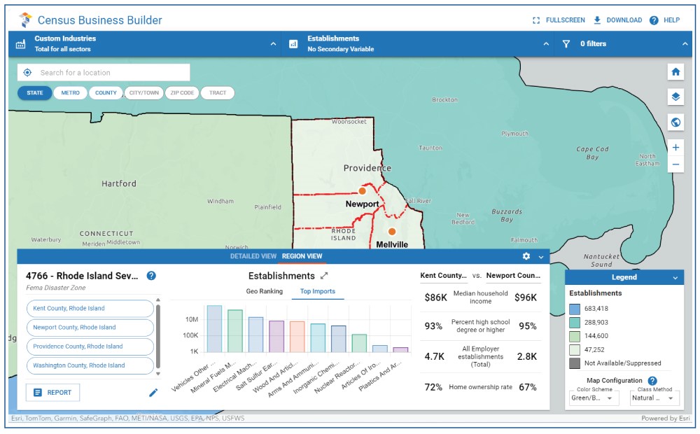 Image 2. Census Business Builder - Rhode Island Severe Storms and Flooding Region View