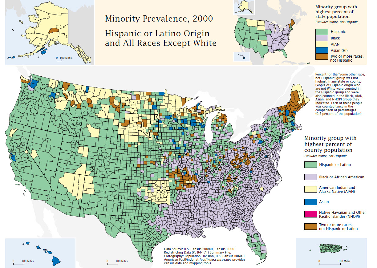 Minority Prevalence, 2000: Hispanic or Latino Origin and All Races Except White