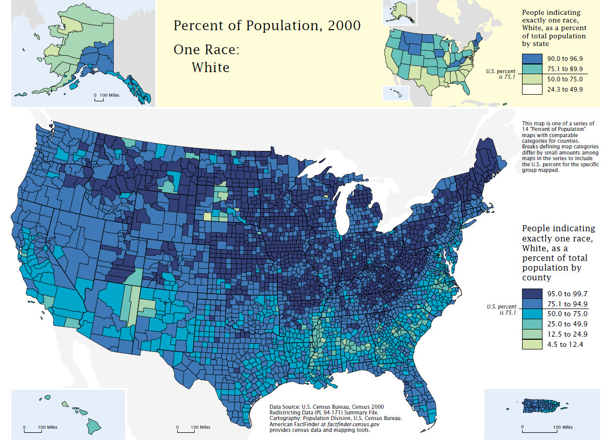 Percent of Population, 2000 - One Race: White