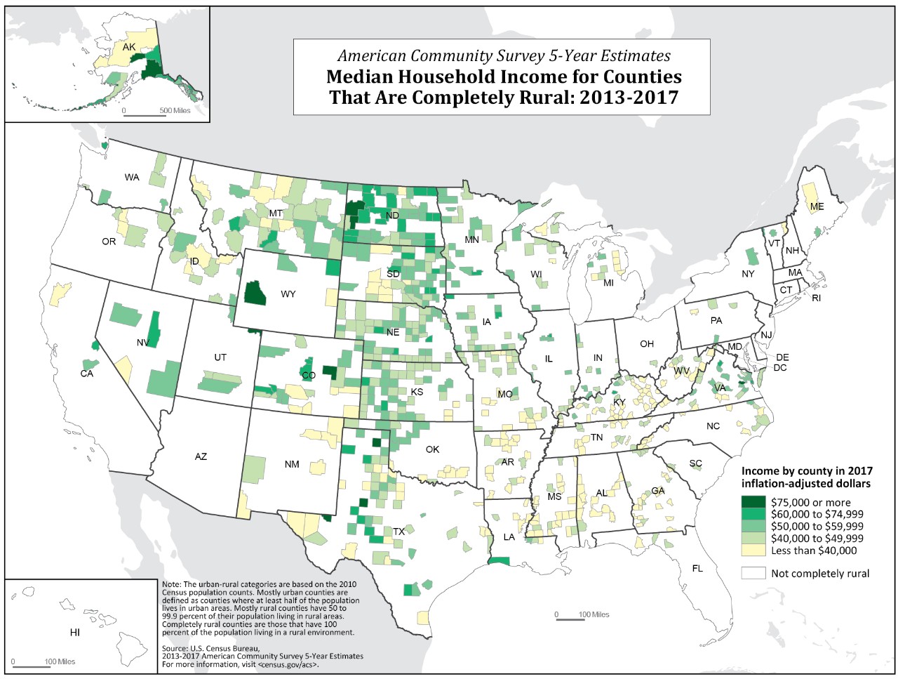Median Household Income for Counties That Are Completely Rural: 2013-2017