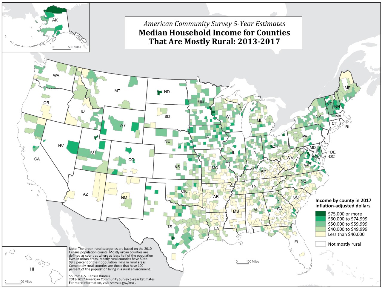Median Household Income for Counties That Are Mostly Rural: 2013-2017