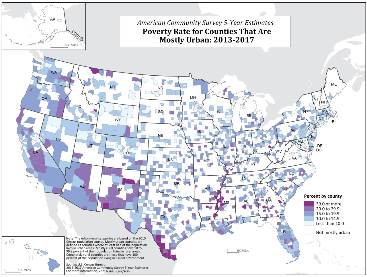 Poverty Rate for Counties That Are Mostly Urban: 2013-2017