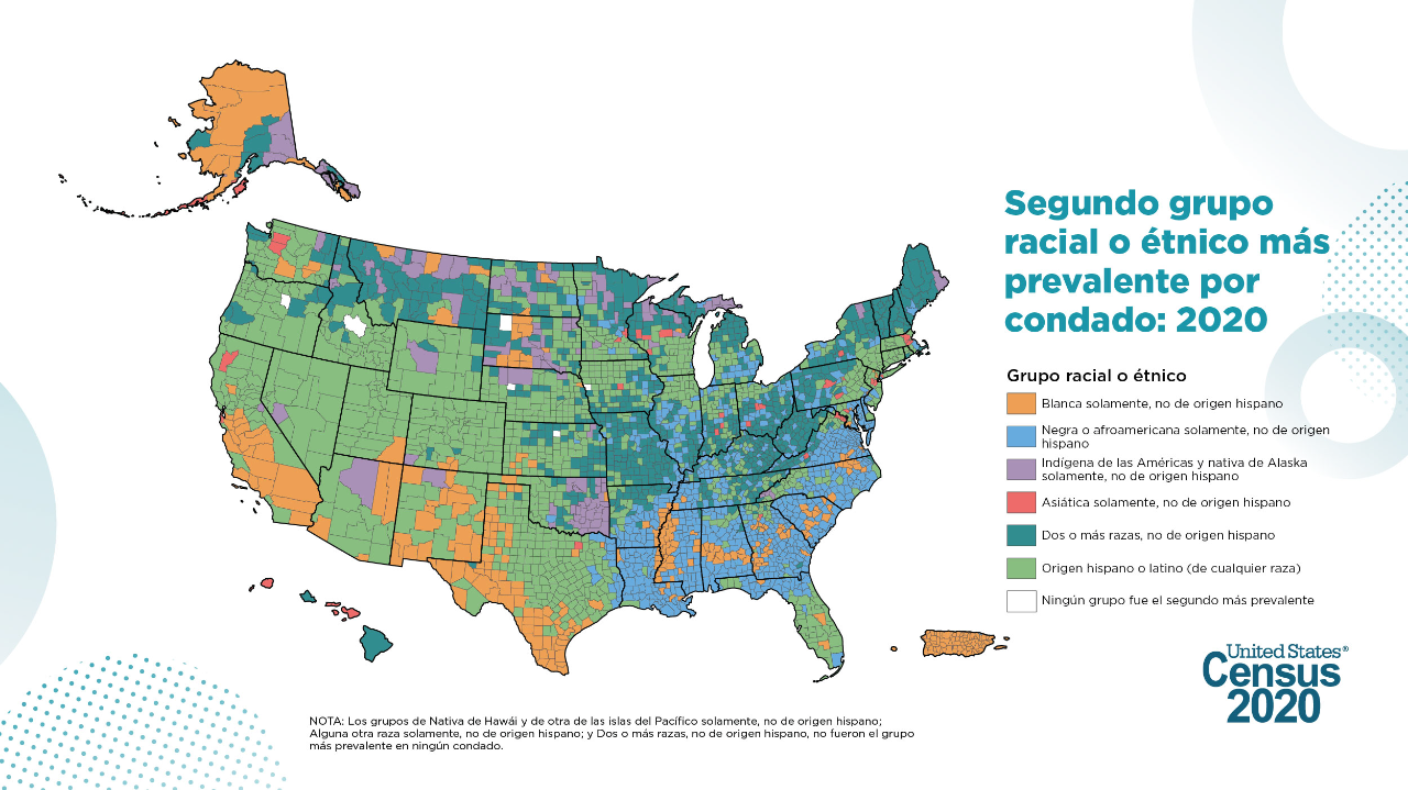Segundo grupo racial o étnico más prevalente por condado: 2020