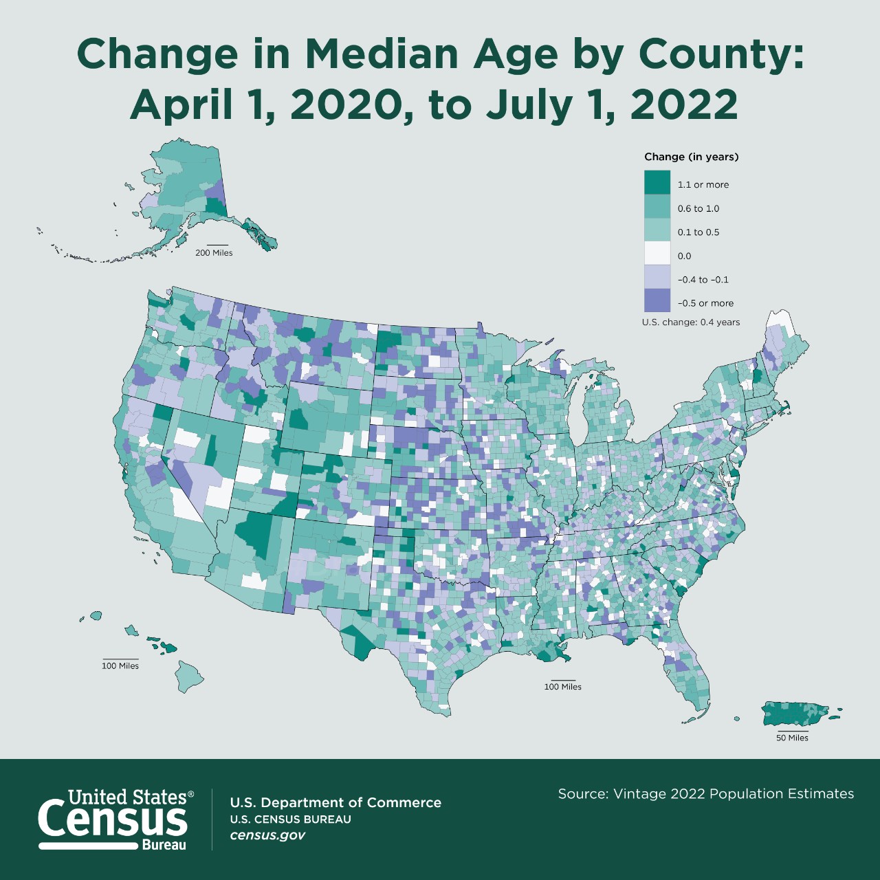 Change in Median Age by County: April 1, 2020, to July 1, 2022