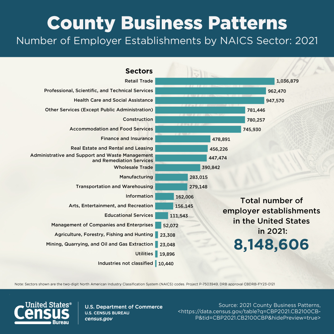 County Business Patterns - Number of Employer Establishments by NAICS Sector: 2021