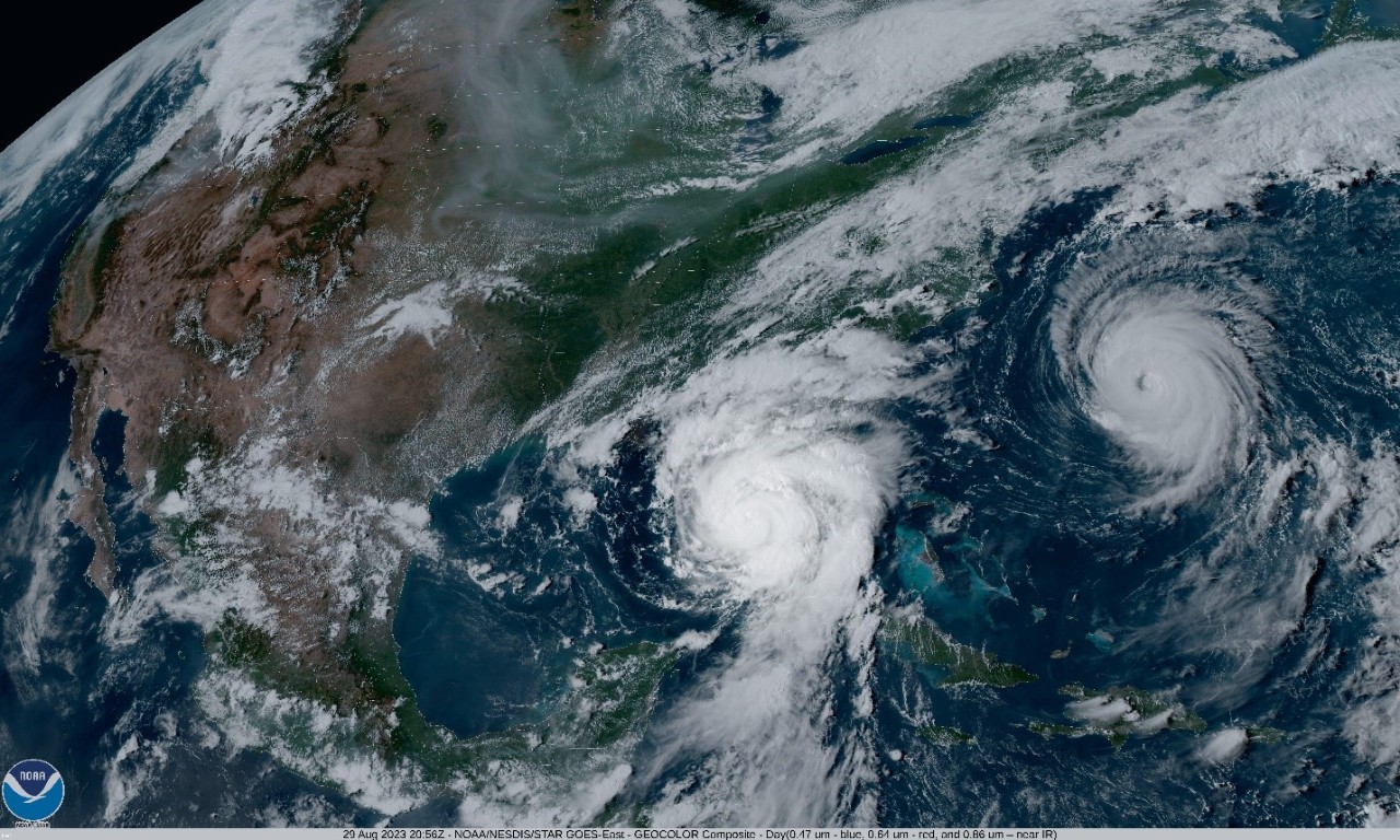 Photo: From NOAA.gov: NOAA's GOES-16 satellite captured Hurricane Idalia approaching the western coast of Florida while Hurricane Franklin churned in the Atlantic Ocean at 5:01 p.m. EDT on August 29, 2023.