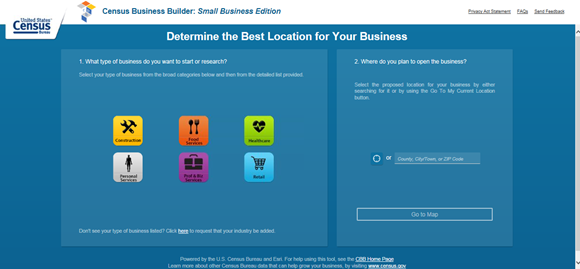 Screenshot of Census Business Builder: Small Business Edition - Select Location and Type of Business