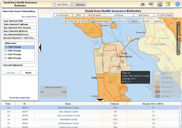 Small Area Health Insurance Estimates: COUNTY MAP for San Francisco Metropolitan Area