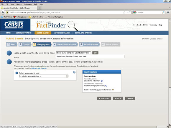 Screen shot of American FactFinder showing Guided Search feature