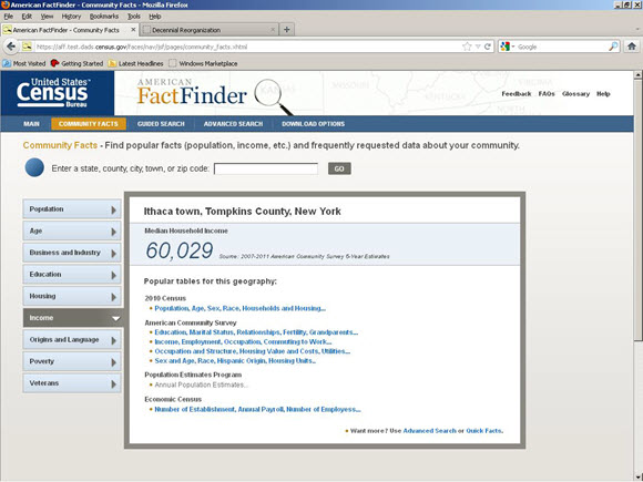Screen shot of American FactFinder showing Ithaca, New York