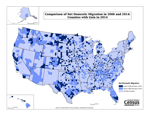 Comparison of Net Domestic Migration in 2006 and 2014: Counties with Gain in 2014