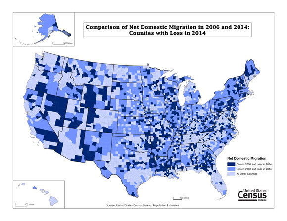 Comparison of Net Domestic Migration in 2006 and 2014: Counties with Loss in 2014