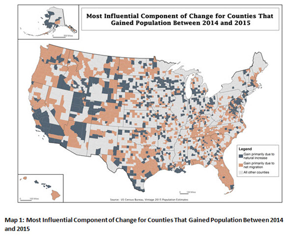 Map 1: Most Influential Component of Change for Counties that Gained Population Between 2014 and 2015