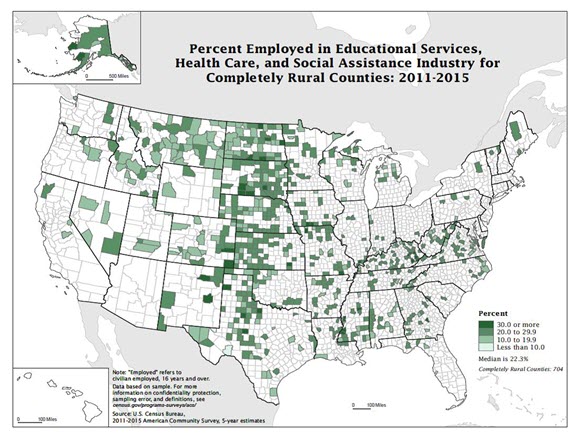 Percent Employed in Educational Services, Health Care, and Social Assistance Industry for Completely Rural Counties: 2011-2015