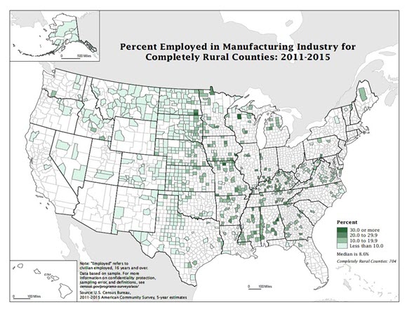 Percent Employed in Manufacturing Industry for Completely Rural Counties: 2011-2015