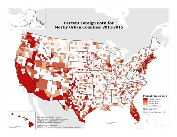 Percent Foreign Born for Mostly Urban Counties: 2011-2015