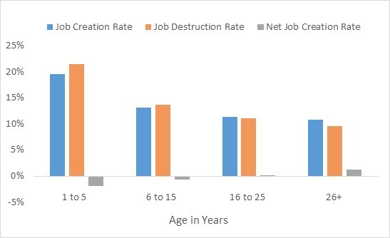 Figure 2. Job Creation, Job Destruction and Net Job Creation Rates by Firm Age: 2015