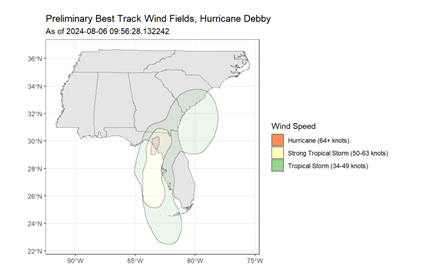 Preliminary Best Track Wind Fields, Hurricane Debby