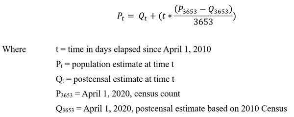 Equation used to distribute the error of closure evenly across the time series in the 2010-2020 intercensal estimates. Equation used to distribute the error of closure evenly across the time series in the 2010-2020 intercensal estimates.