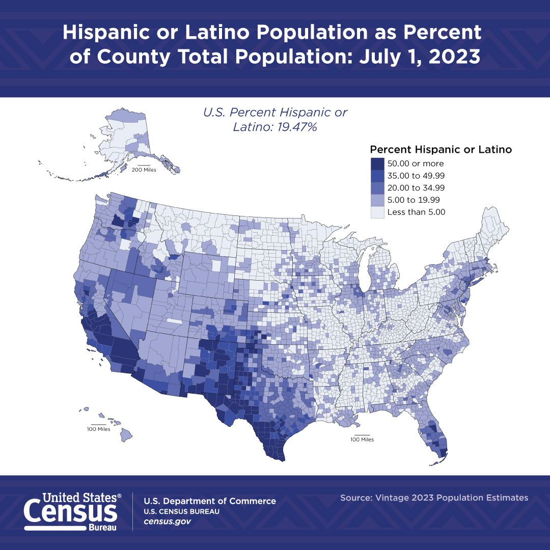 Hispanic or Latino Population as Percent of County Total Population: July 1, 2023