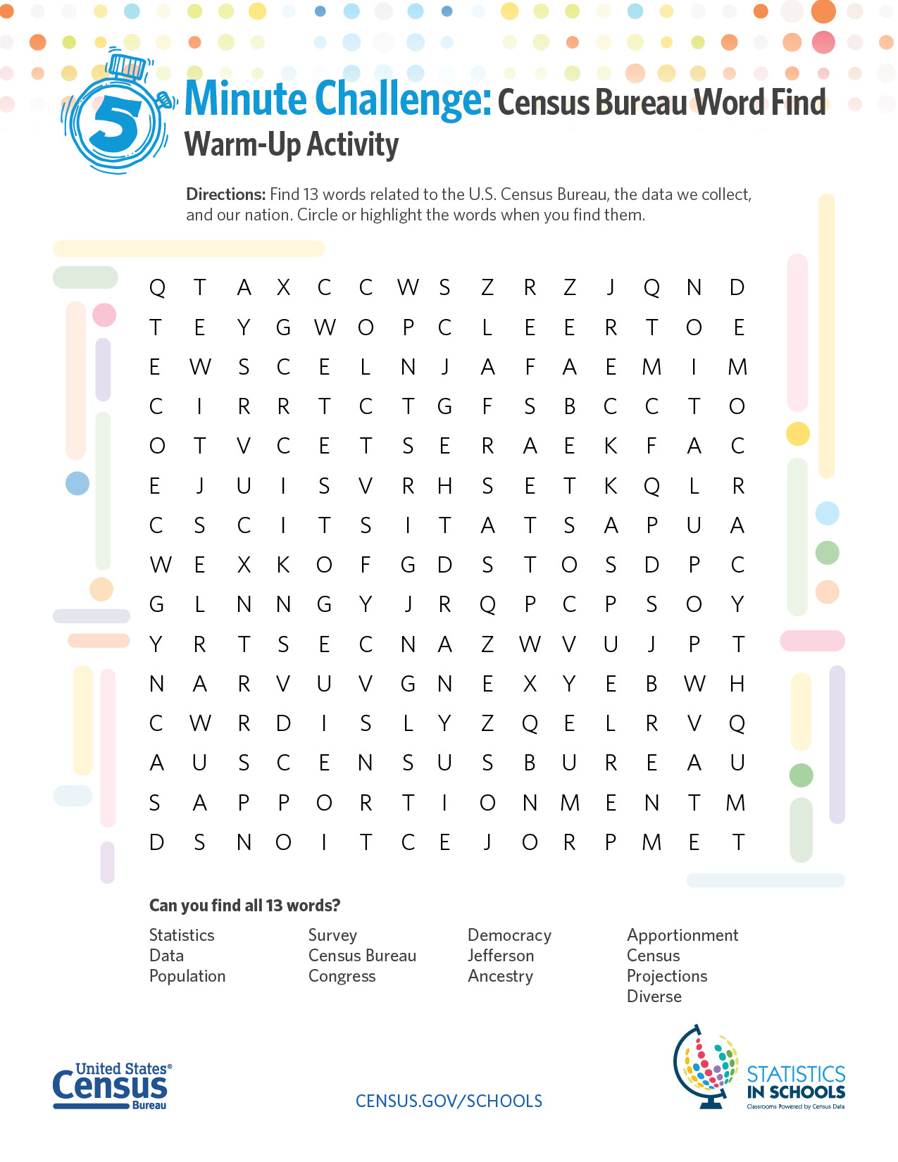 5 Minute Challenge: Census Bureau Word Find Warm-Up Activity