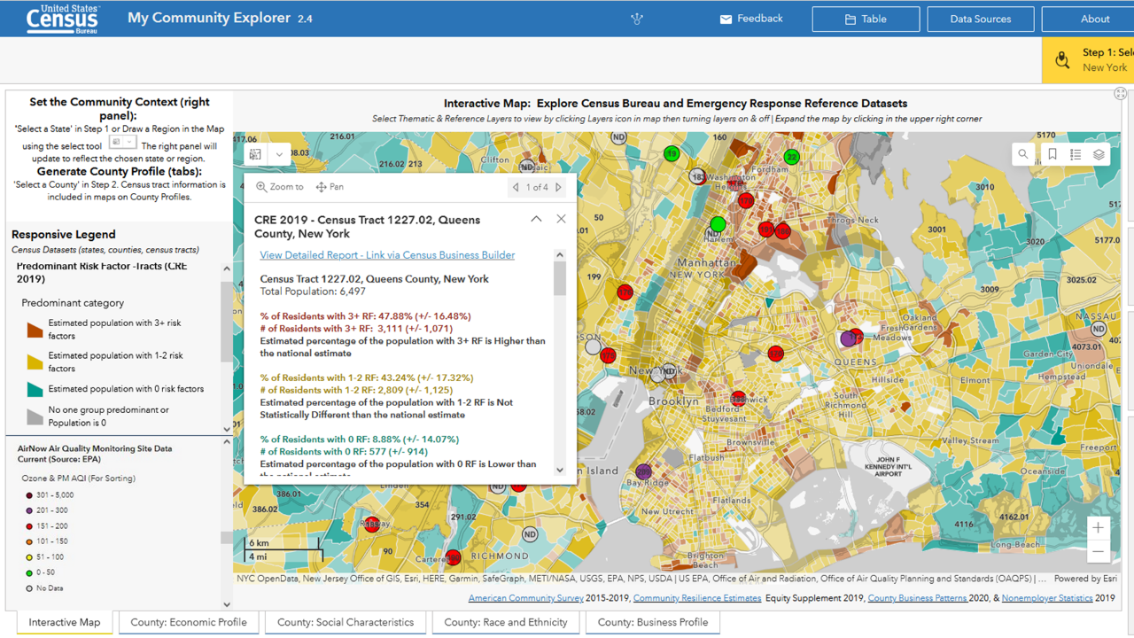 Screen shot of Census Track 1227.02, Queens County New York showing population by risk factors
